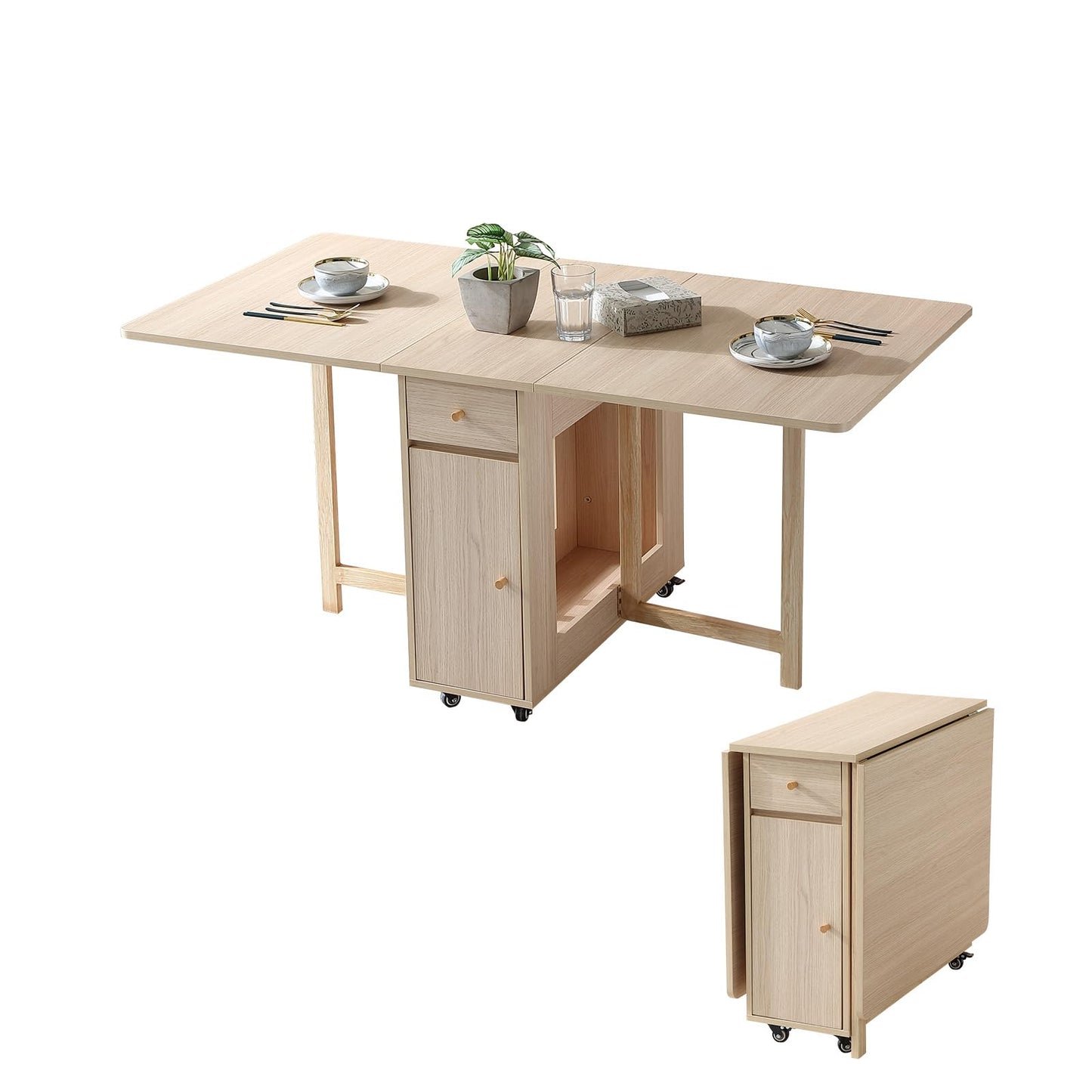 COMUHOME Extendable Folding Dining Table with Drawers & Wheels - Wood Finish Drop Leaf Design