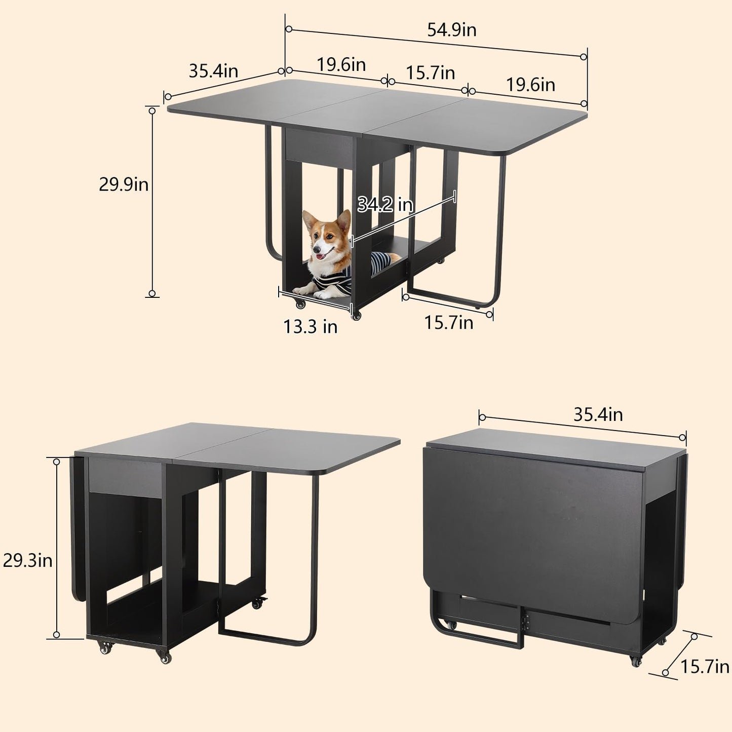VASTATIO Folding Dining Table with Drawers, Drop Leaf Design & Lockable Wheels - Black