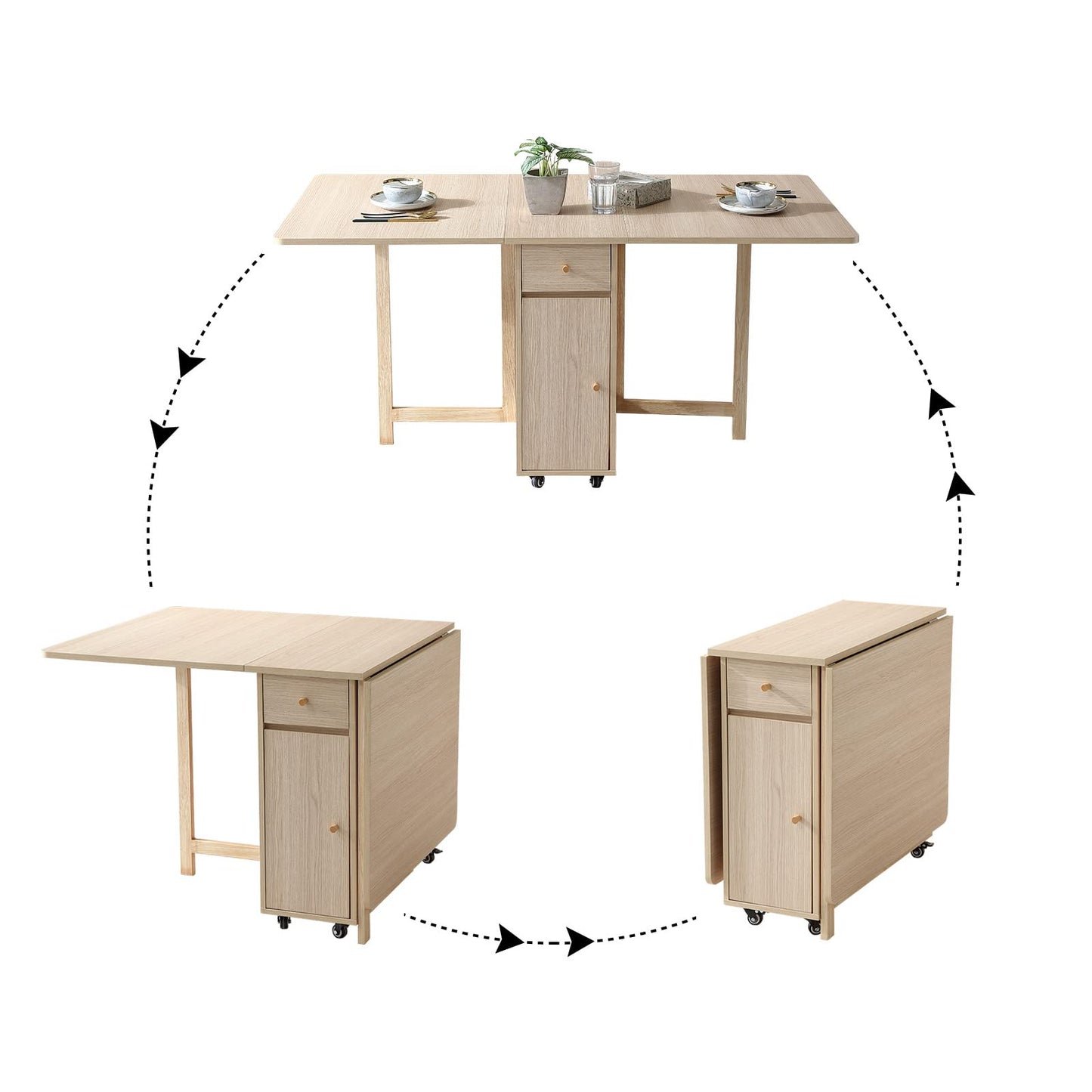 COMUHOME Extendable Folding Dining Table with Drawers & Wheels - Wood Finish Drop Leaf Design