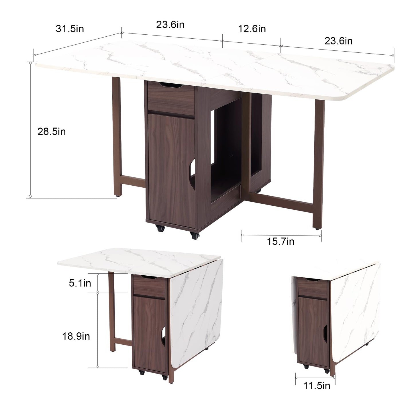 zenHarmet Foldable Extendable Dining Table with Storage & Wheels - Walnut
