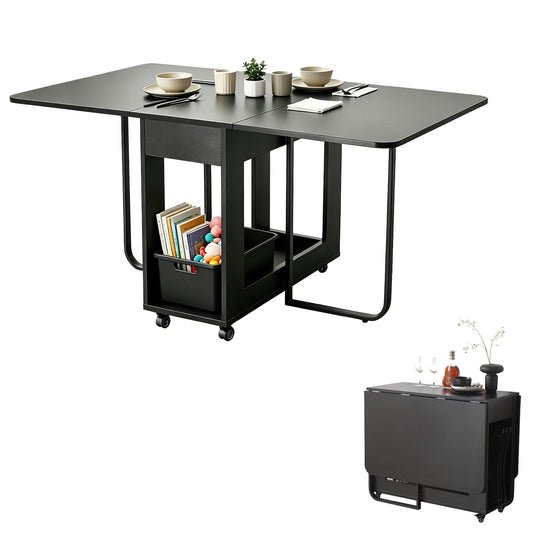 VASTATIO Folding Dining Table with Drawers, Drop Leaf Design & Lockable Wheels - Black