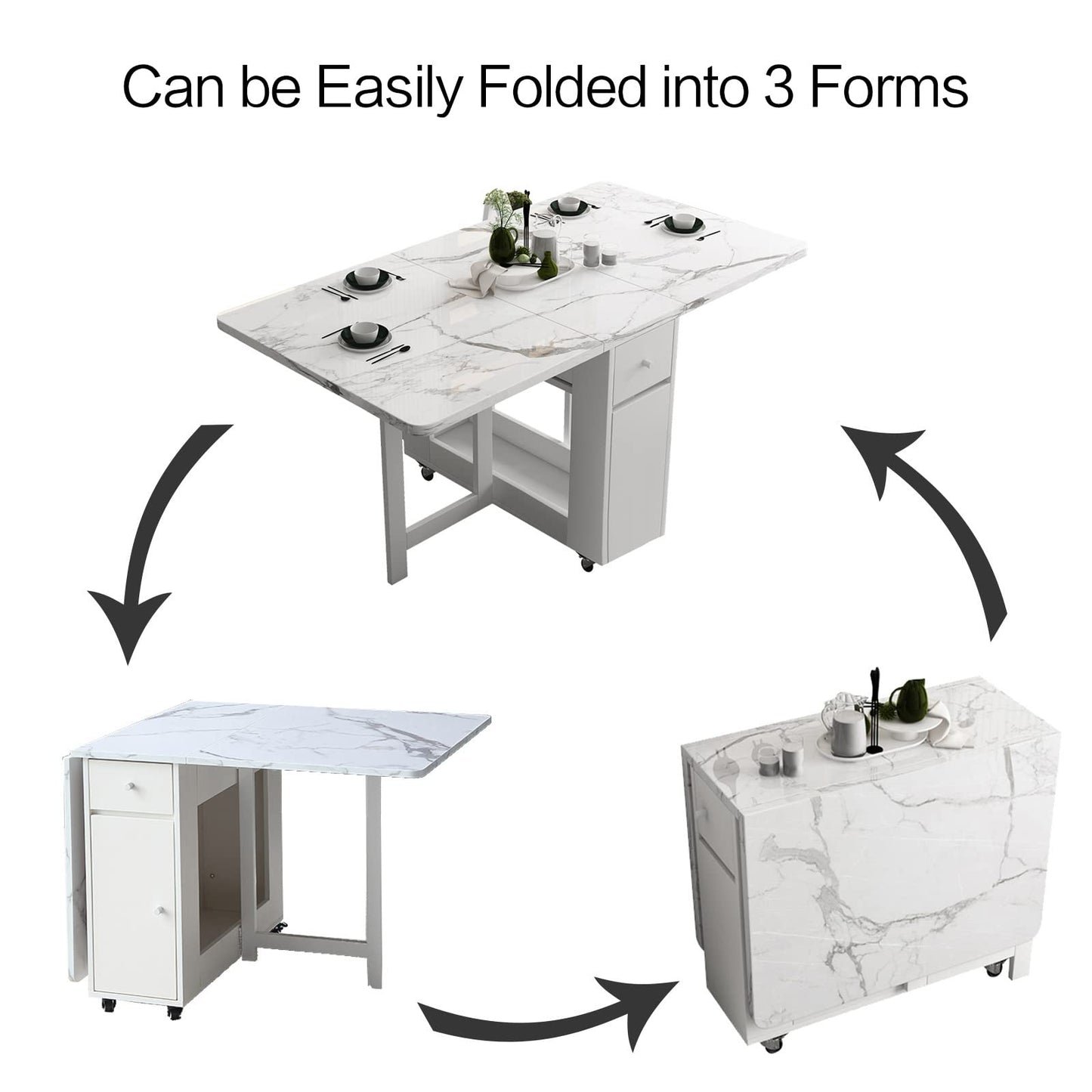 FUNROLUX Folding Dining Table with Storage Drawers & Rack - Extendable White Space-Saving Table
