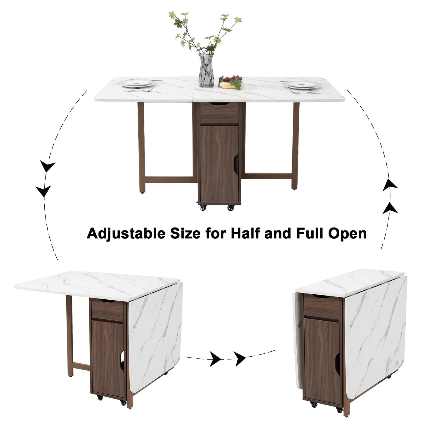 zenHarmet Foldable Extendable Dining Table with Storage & Wheels - Walnut