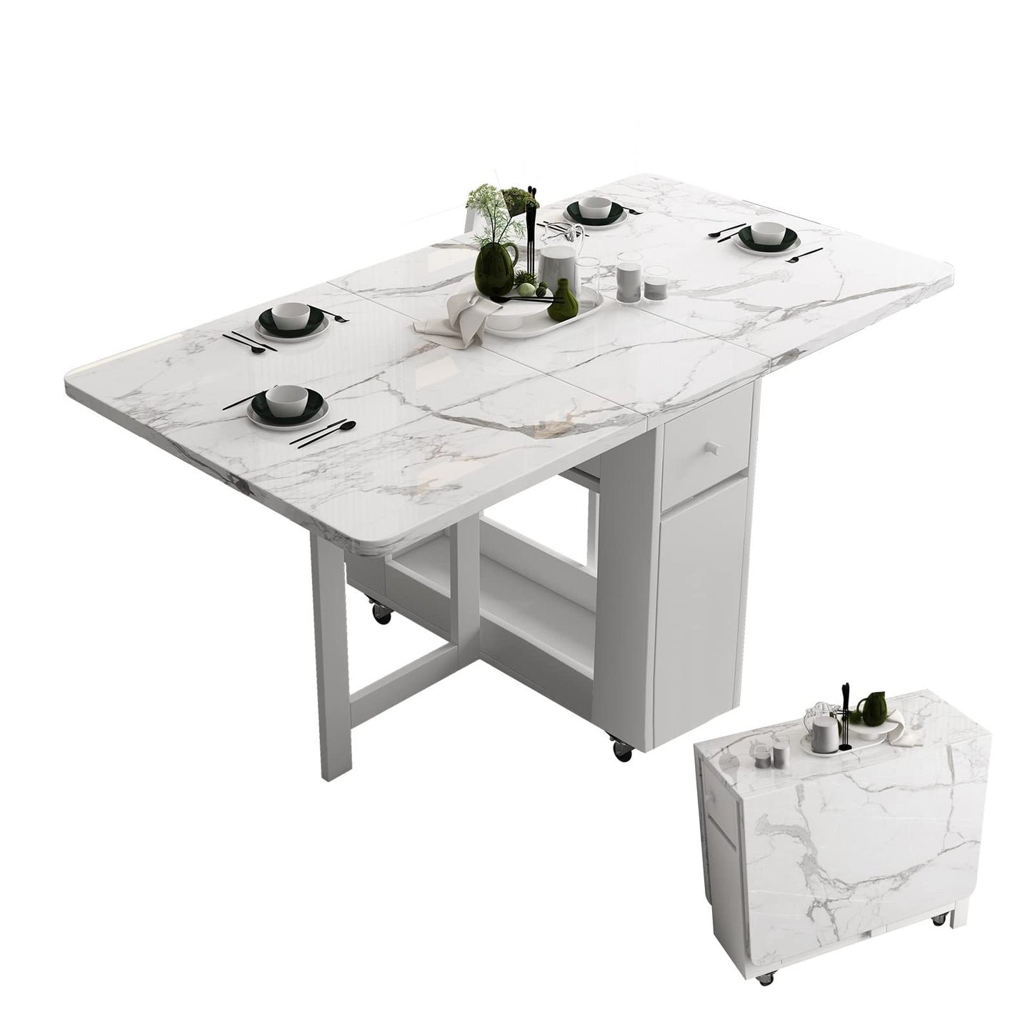 FUNROLUX Folding Dining Table with Storage Drawers & Rack - Extendable White Space-Saving Table