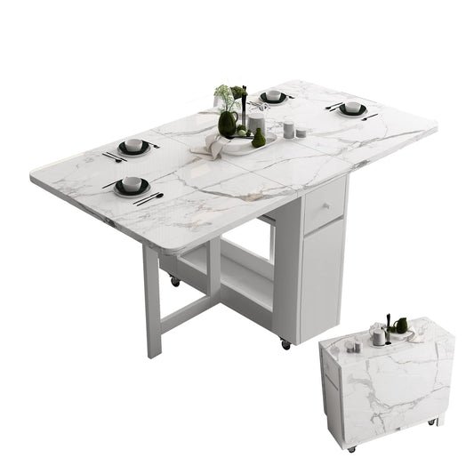 FUNROLUX Folding Dining Table with Storage Drawers & Rack - Extendable White Space-Saving Table