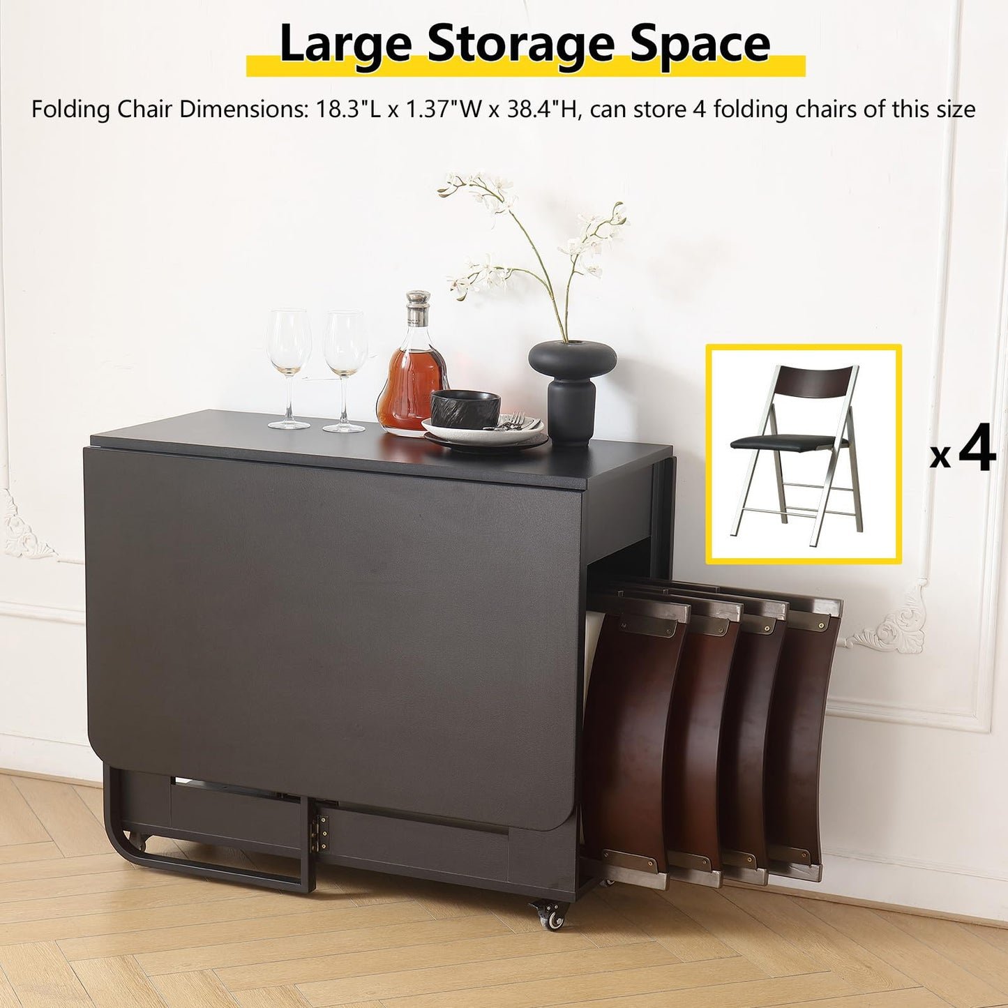 VASTATIO Folding Dining Table with Drawers, Drop Leaf Design & Lockable Wheels - Black