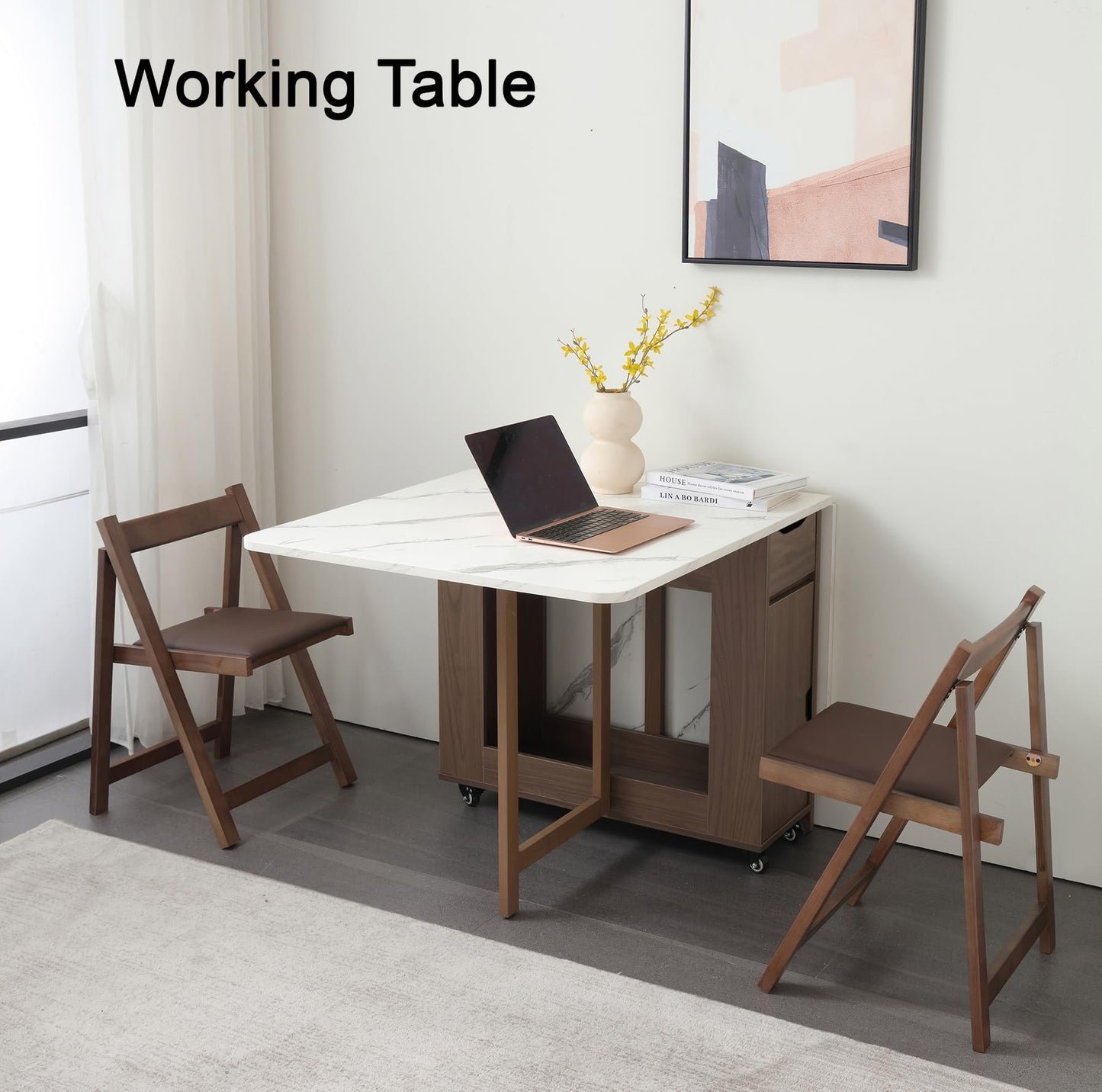 zenHarmet Foldable Extendable Dining Table with Storage & Wheels - Walnut