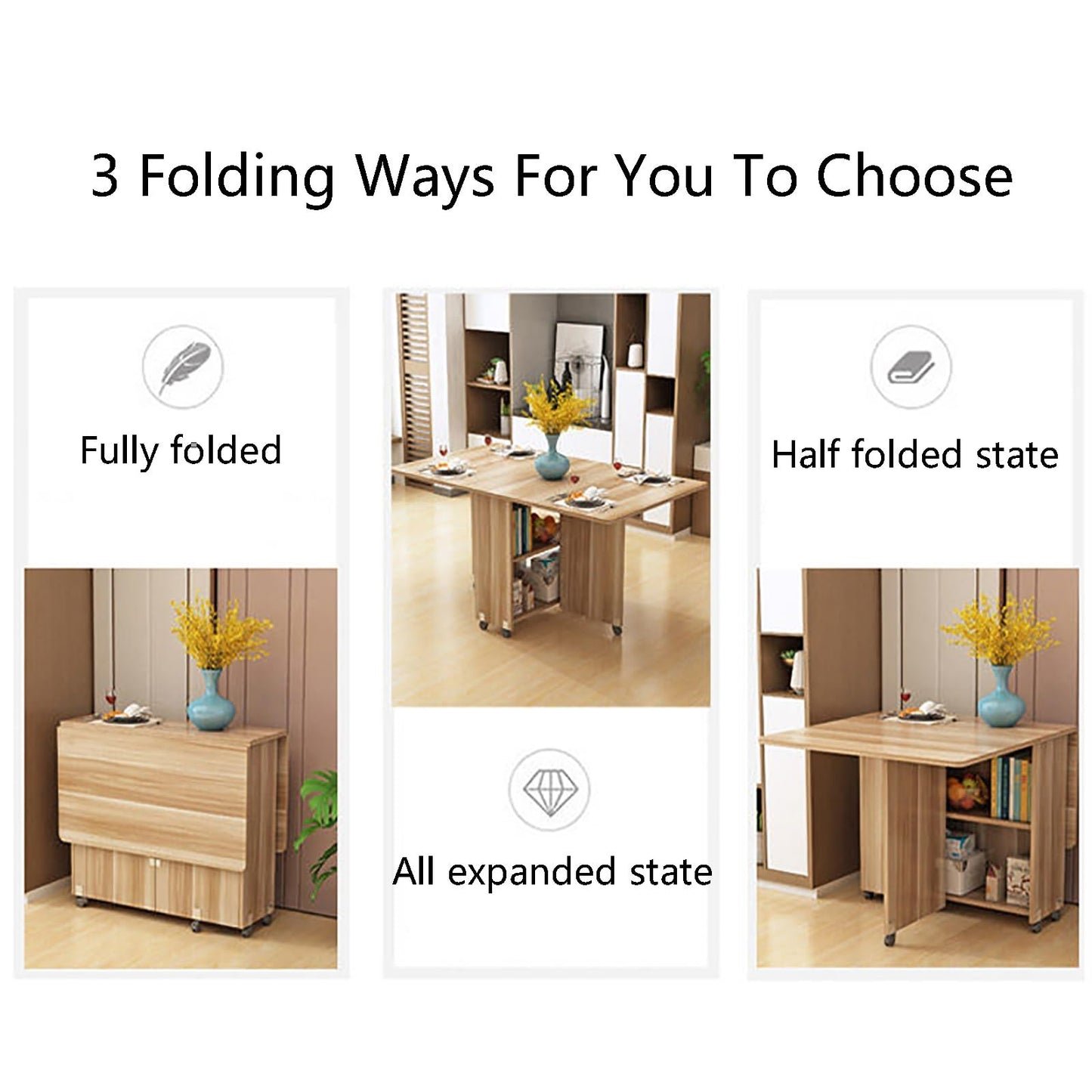 Folding Dining Table with Storage Shelves & Wheels - Space-Saving Extendable Table for Small Apartments