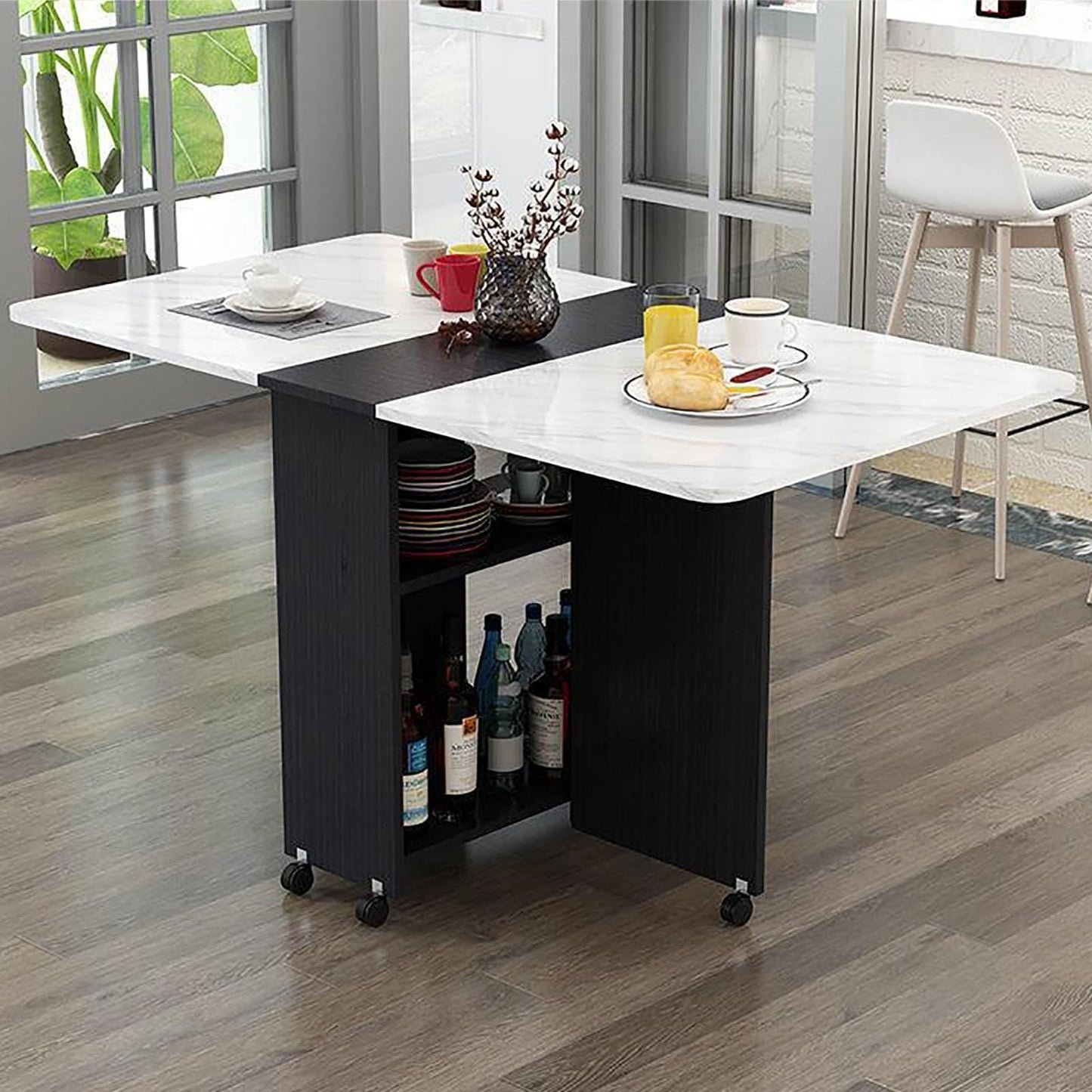 Folding Dining Table with Storage Shelves & Wheels - Space-Saving Extendable Table for Small Apartments