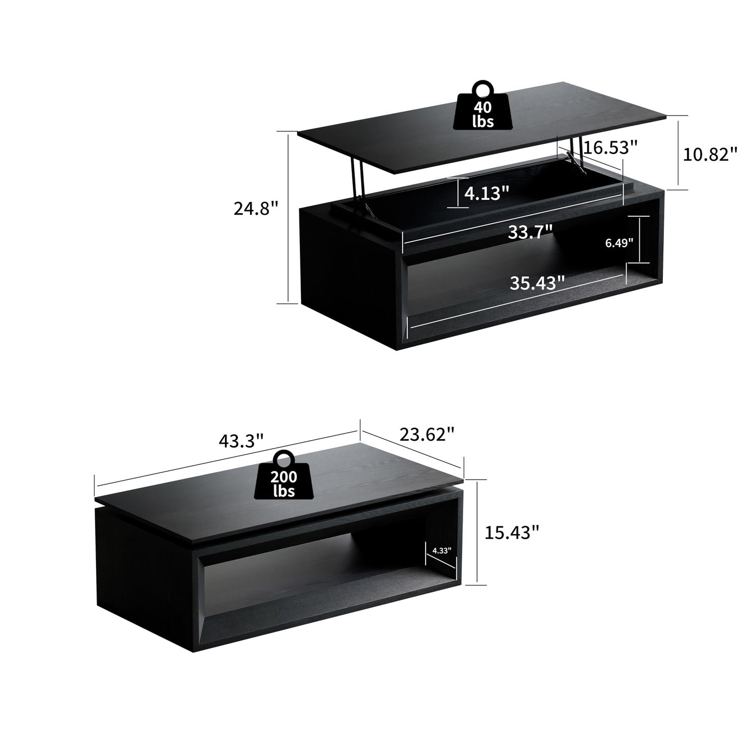 KEIKI Lift Top Coffee Table with Hydraulic Storage & Convertible Desk - Black
