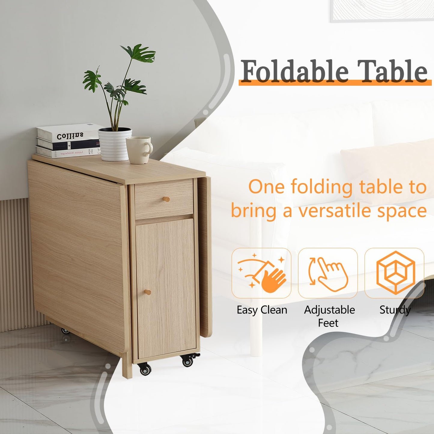 COMUHOME Extendable Folding Dining Table with Drawers & Wheels - Wood Finish Drop Leaf Design