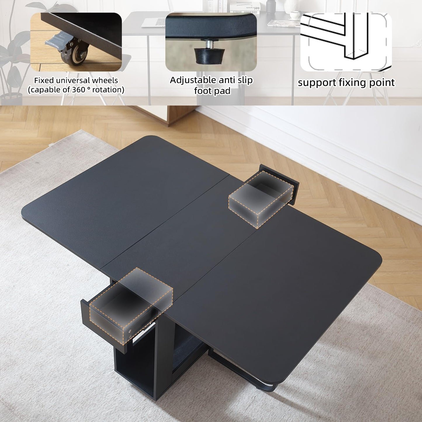 VASTATIO Folding Dining Table with Drawers, Drop Leaf Design & Lockable Wheels - Black
