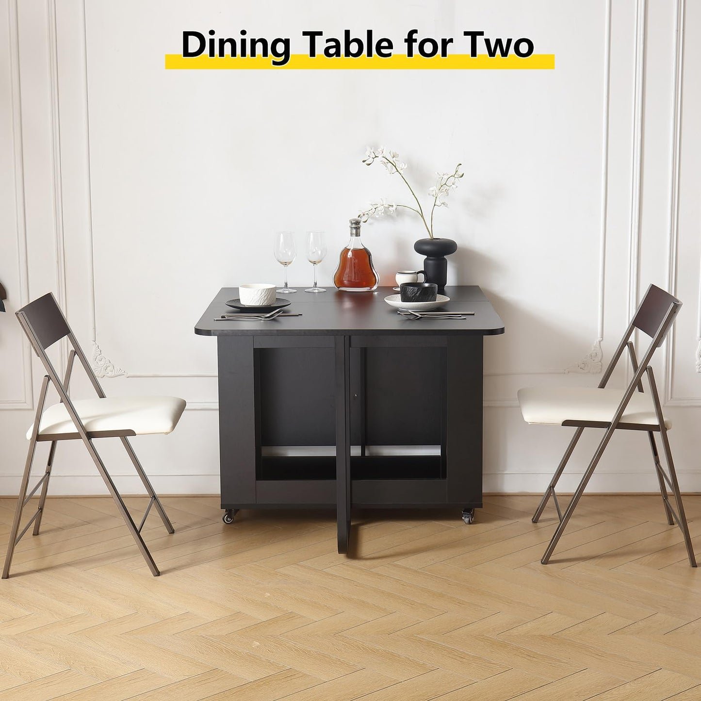 VASTATIO Folding Dining Table with Drawers, Drop Leaf Design & Lockable Wheels - Black
