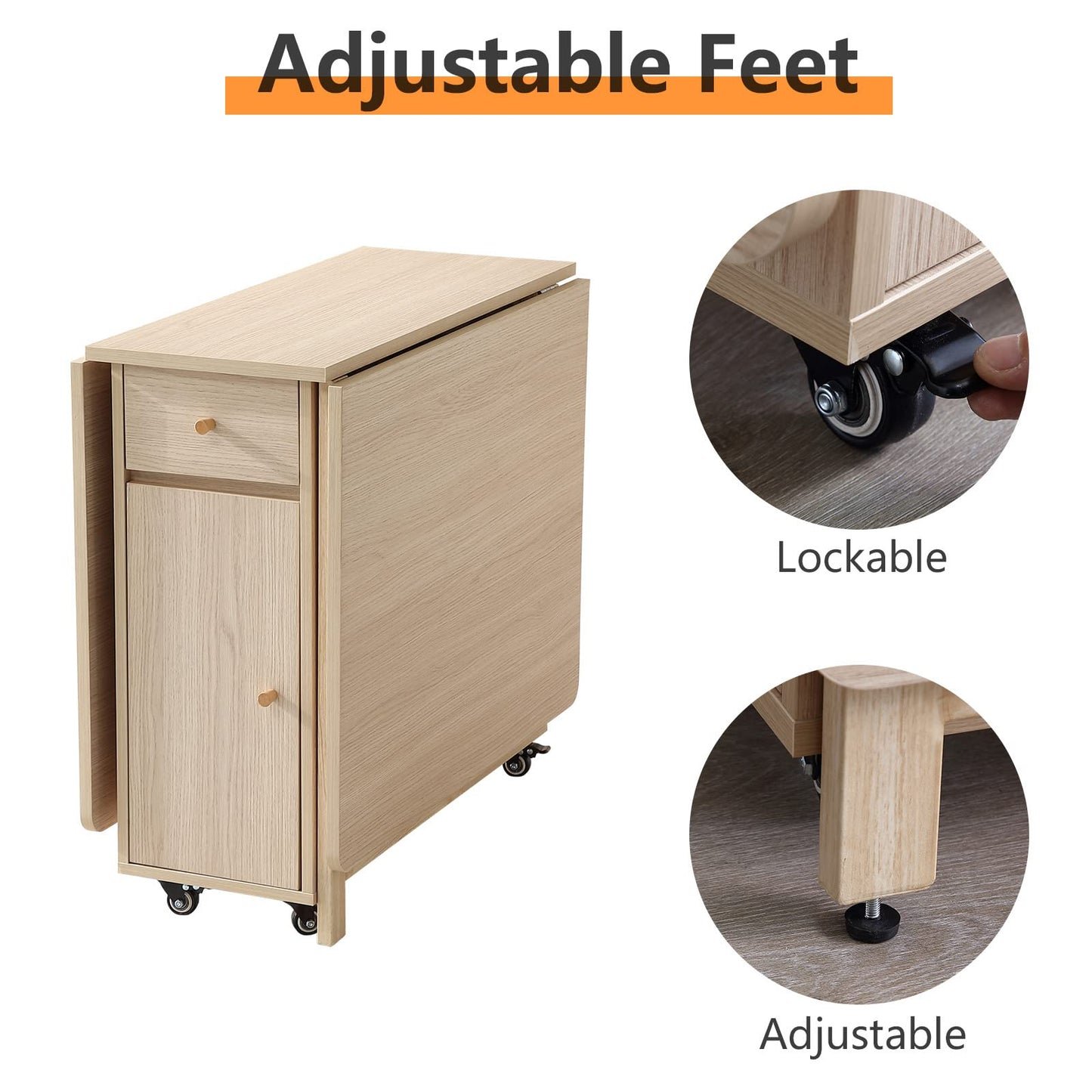 COMUHOME Extendable Folding Dining Table with Drawers & Wheels - Wood Finish Drop Leaf Design