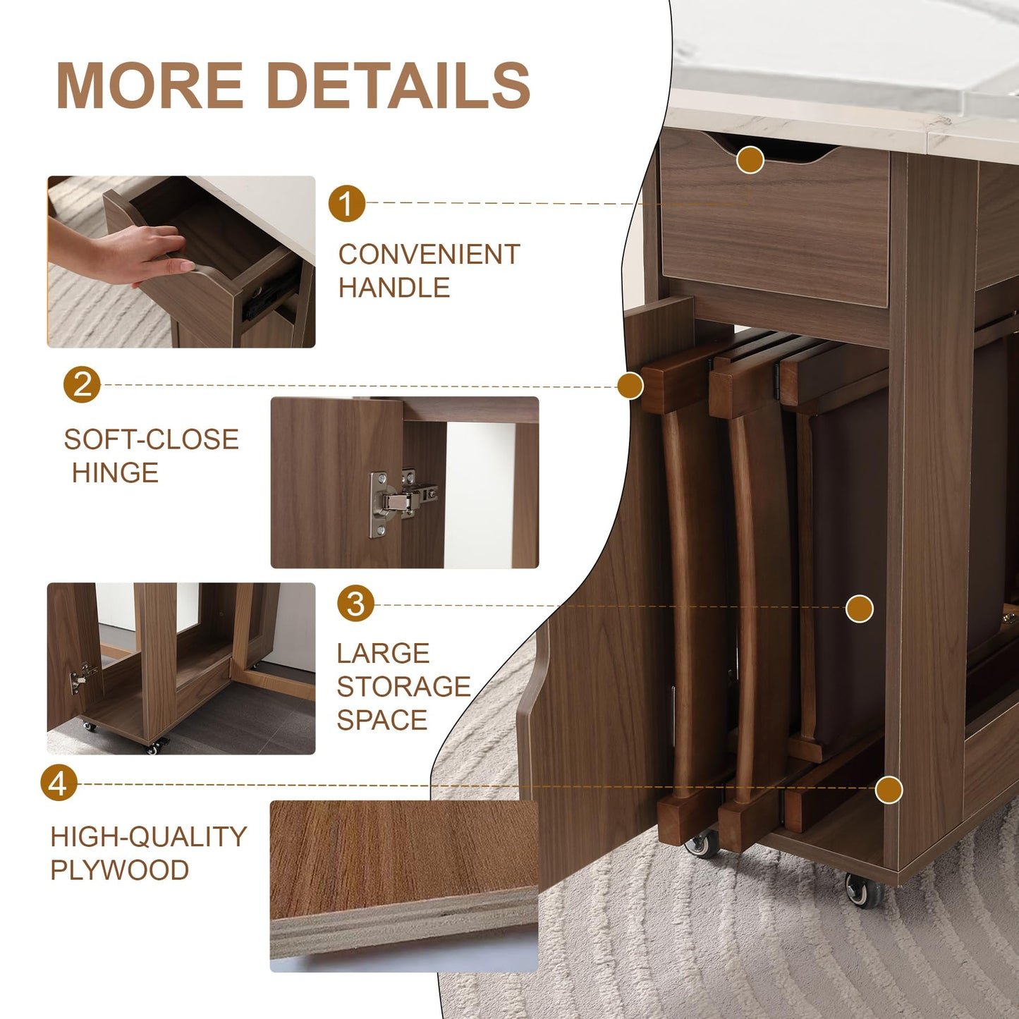 zenHarmet Foldable Extendable Dining Table with Storage & Wheels - Walnut