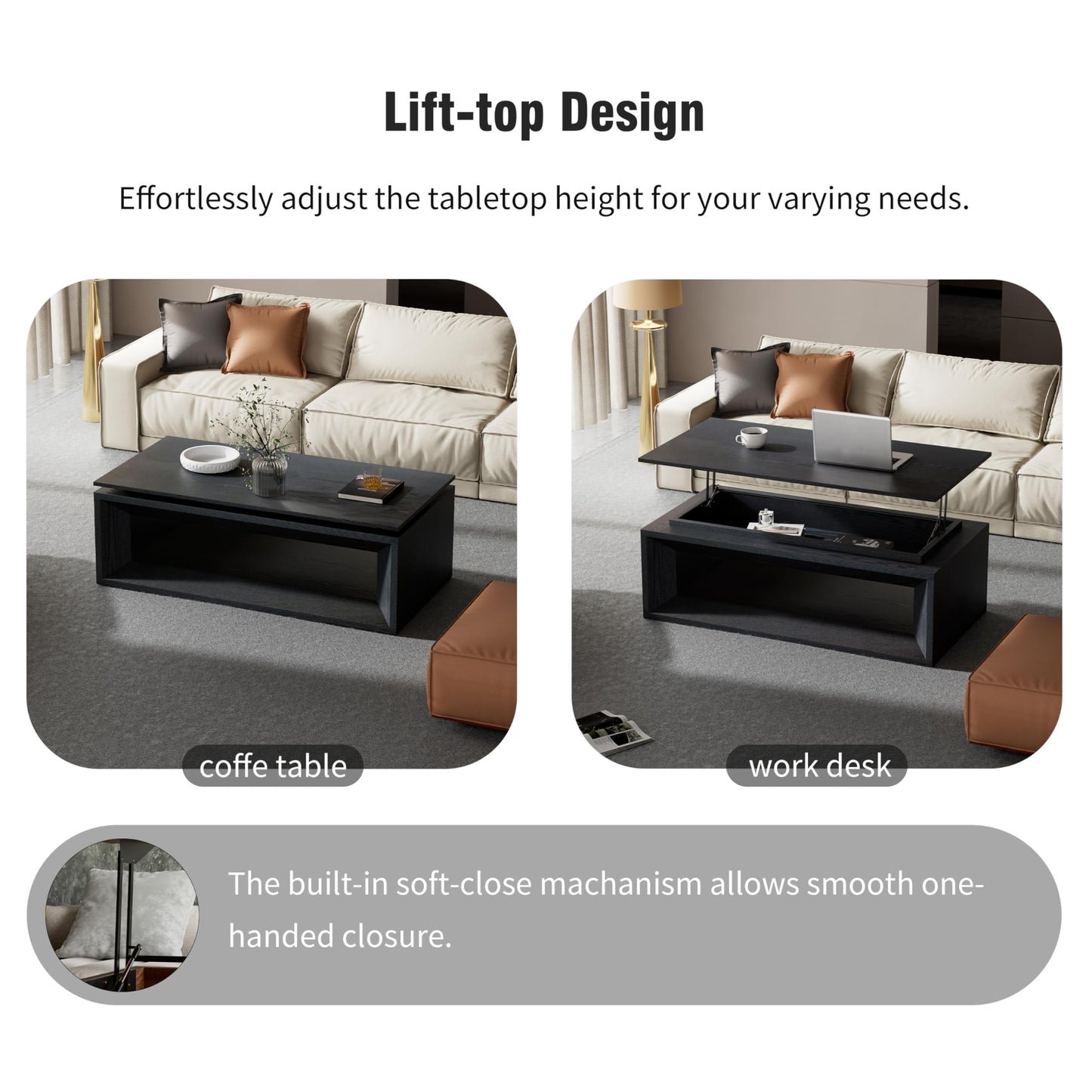 KEIKI Lift Top Coffee Table with Hydraulic Storage & Convertible Desk - Black