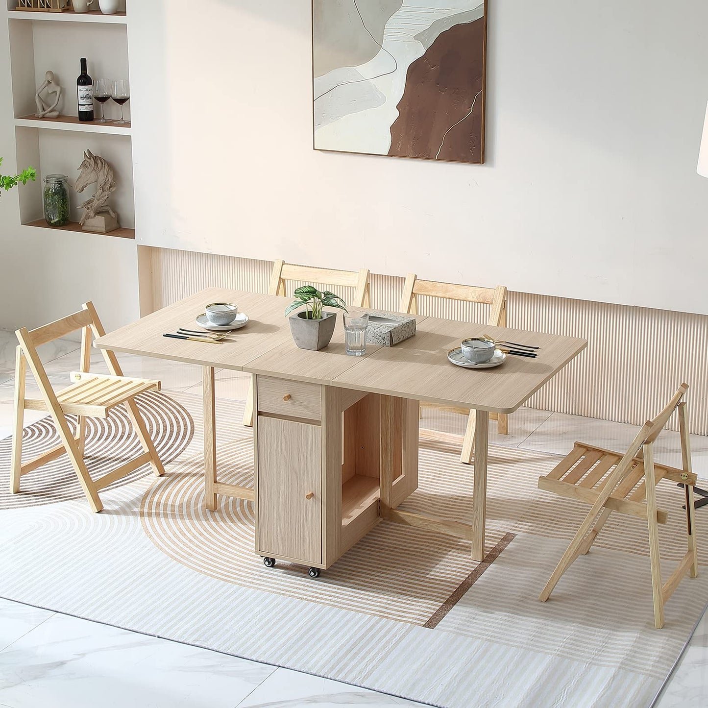 COMUHOME Extendable Folding Dining Table with Drawers & Wheels - Wood Finish Drop Leaf Design