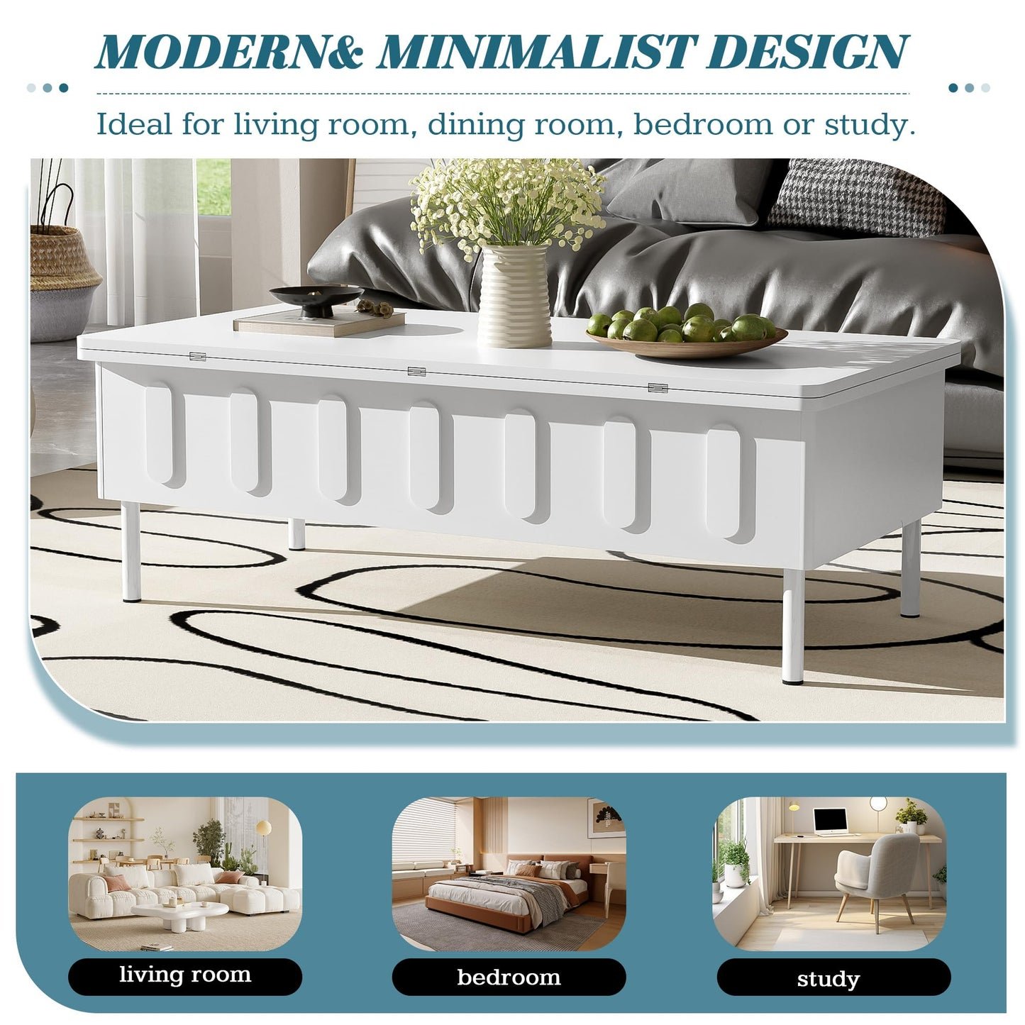 Merax Lift Top Coffee Table with Hidden Storage & Adjustable Foldable Design - White
