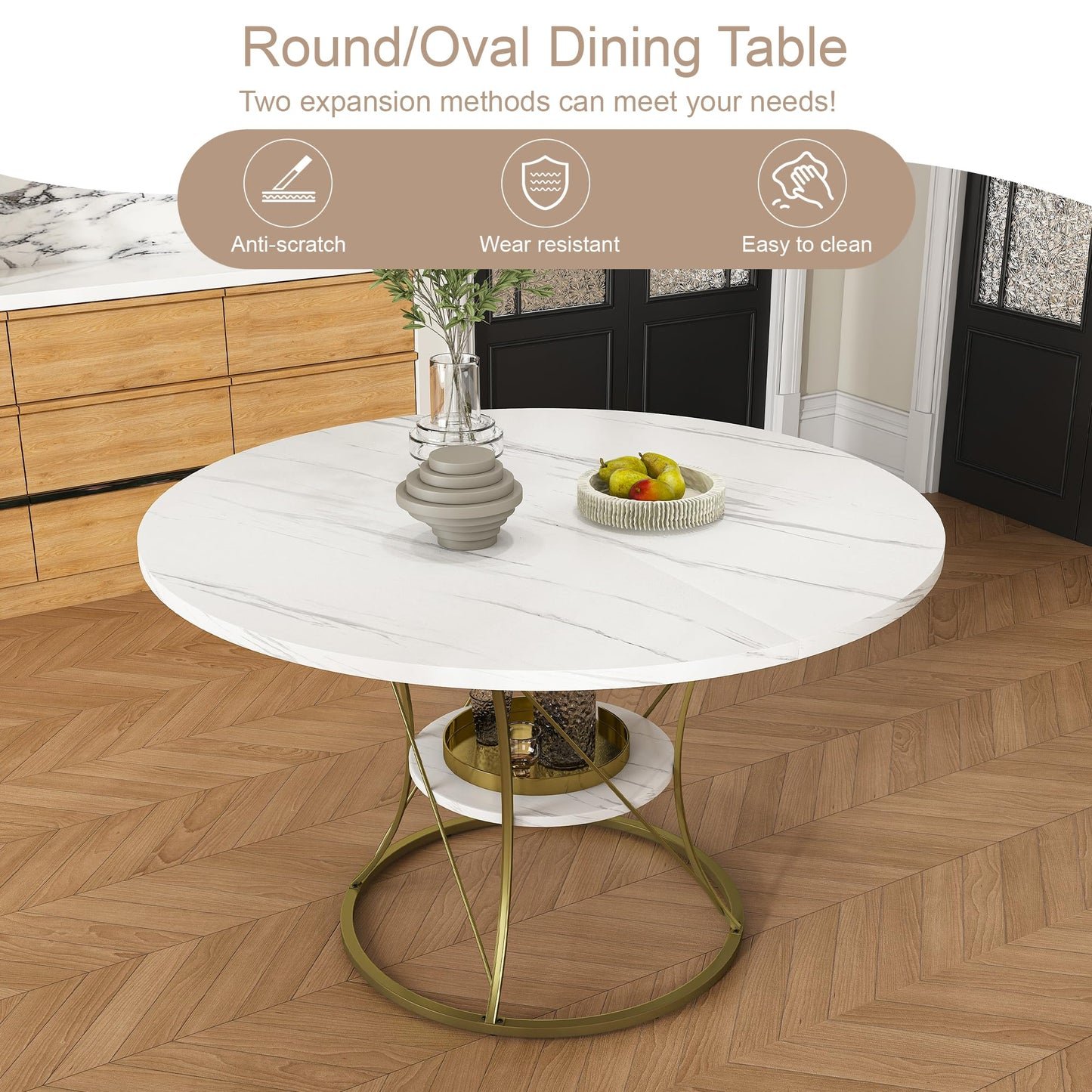 GDFStudio Round Extendable Dining Table 4-6 Seats - White Veneer Top with Gold Metal Base & Storage Shelf