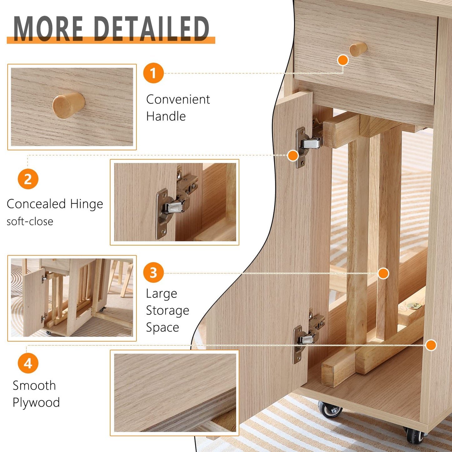 COMUHOME Extendable Folding Dining Table with Drawers & Wheels - Wood Finish Drop Leaf Design