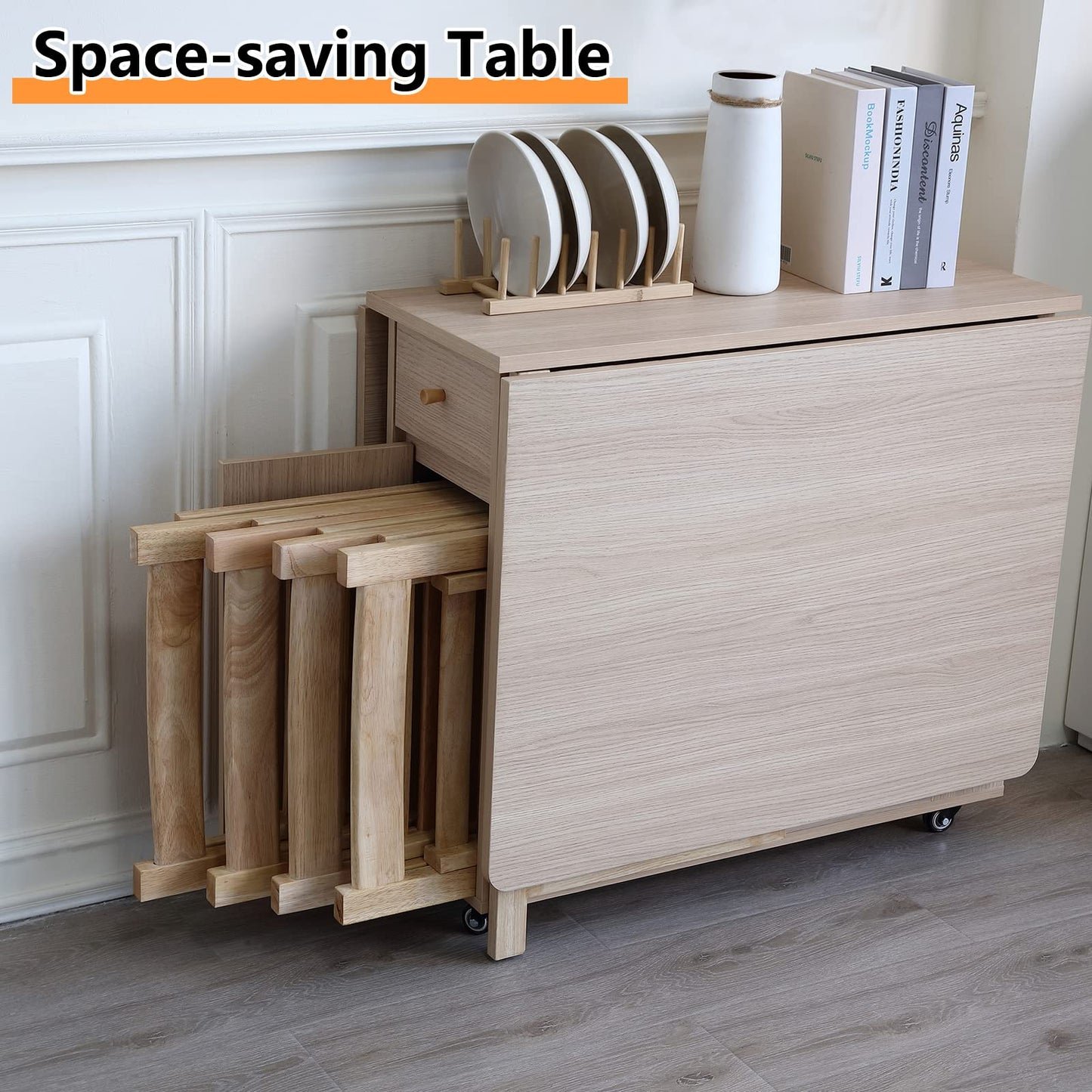 COMUHOME Extendable Folding Dining Table with Drawers & Wheels - Wood Finish Drop Leaf Design