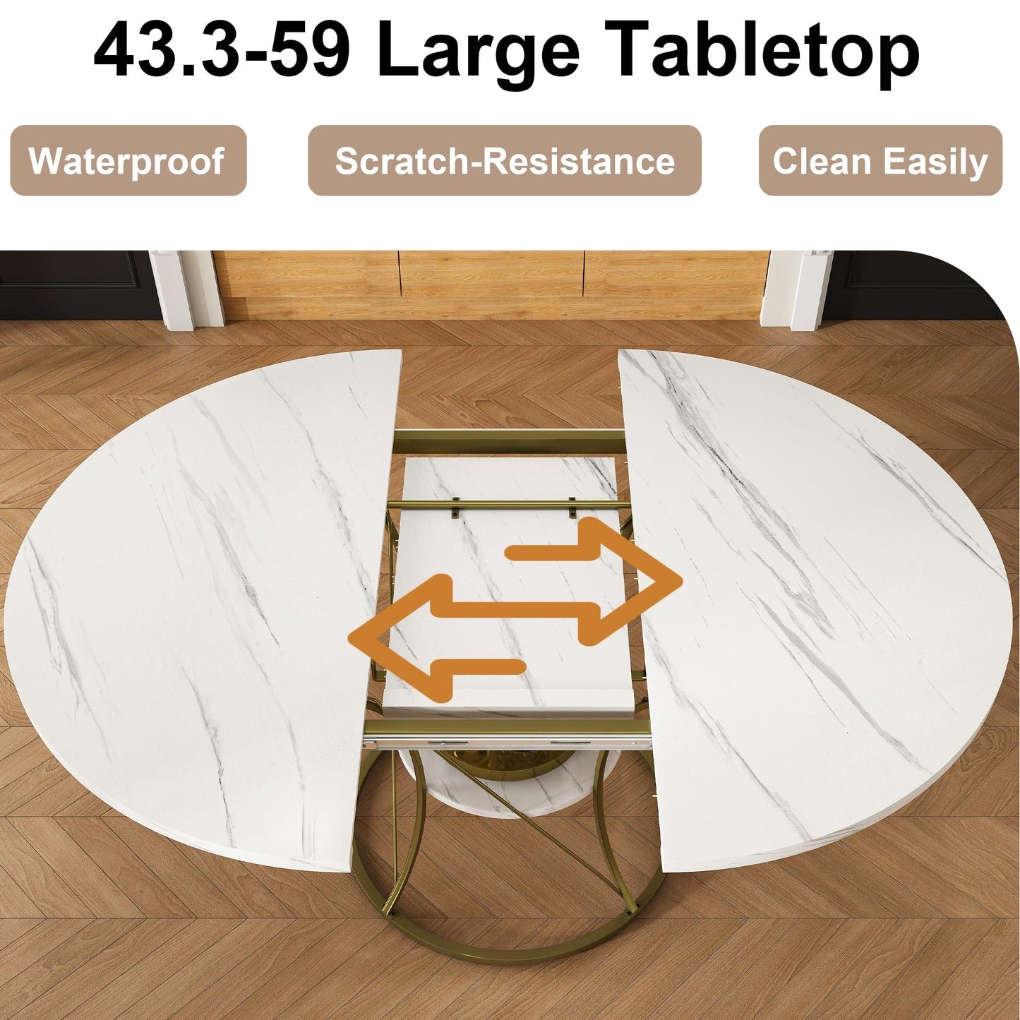 GDFStudio Round Extendable Dining Table 4-6 Seats - White Veneer Top with Gold Metal Base & Storage Shelf
