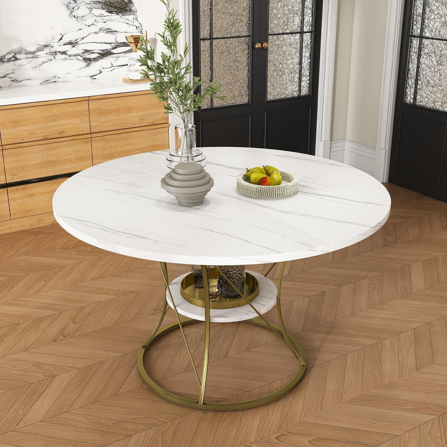 GDFStudio Round Extendable Dining Table 4-6 Seats - White Veneer Top with Gold Metal Base & Storage Shelf