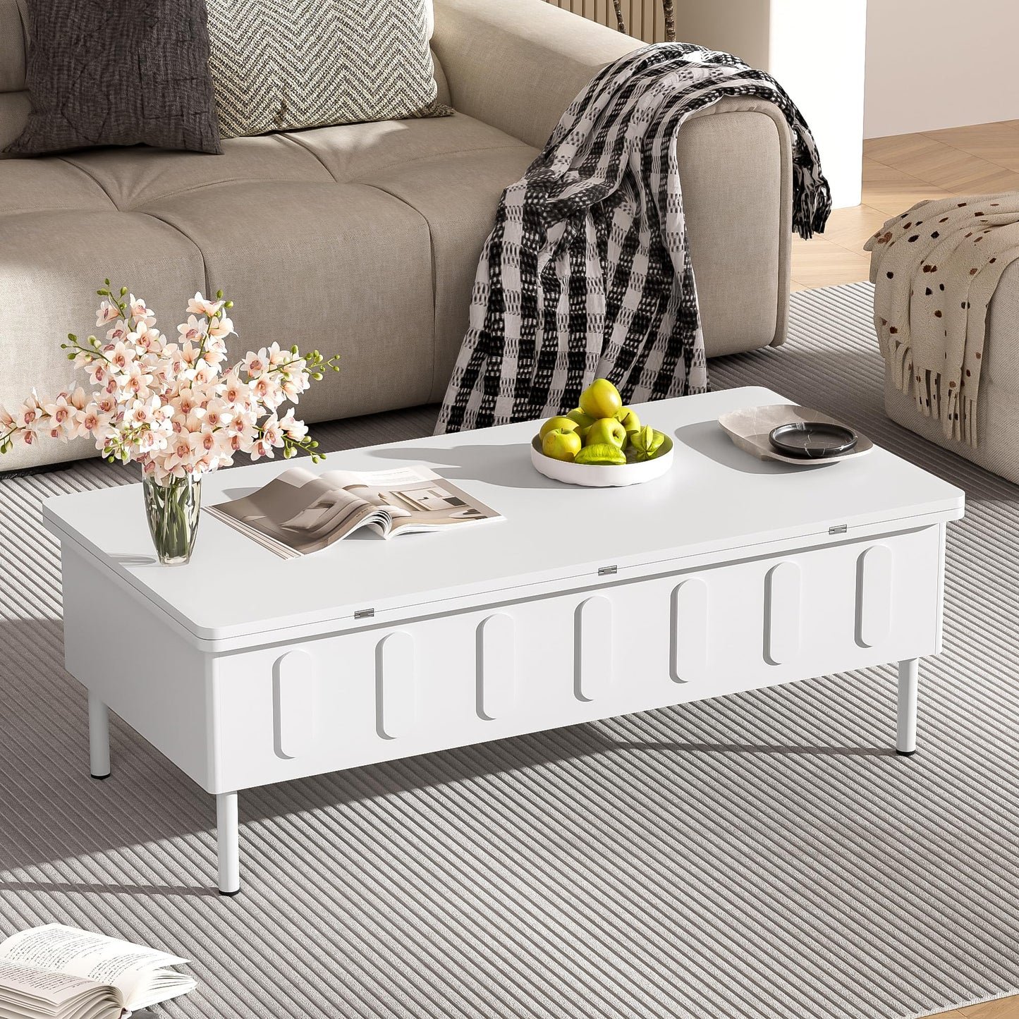 Merax Lift Top Coffee Table with Hidden Storage & Adjustable Foldable Design - White