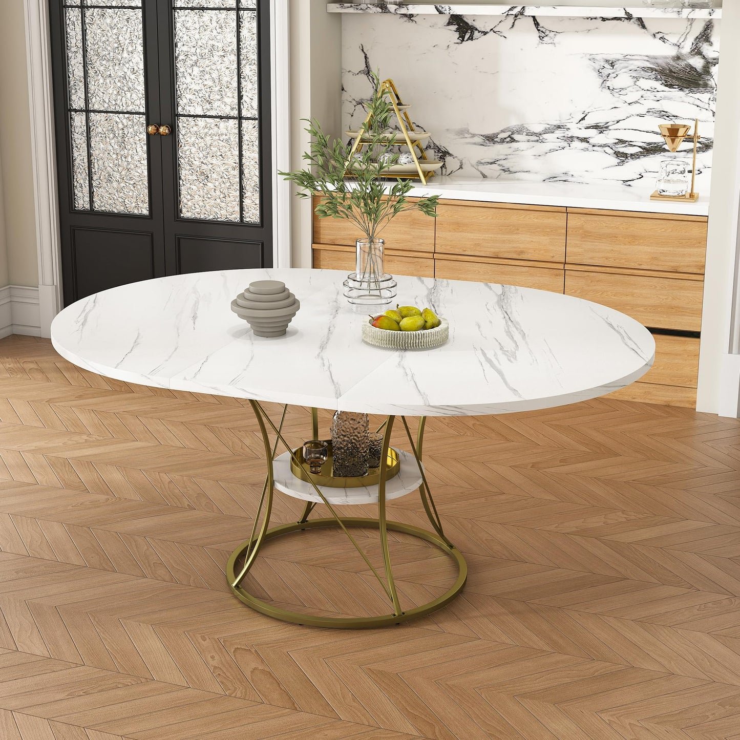 GDFStudio Round Extendable Dining Table 4-6 Seats - White Veneer Top with Gold Metal Base & Storage Shelf