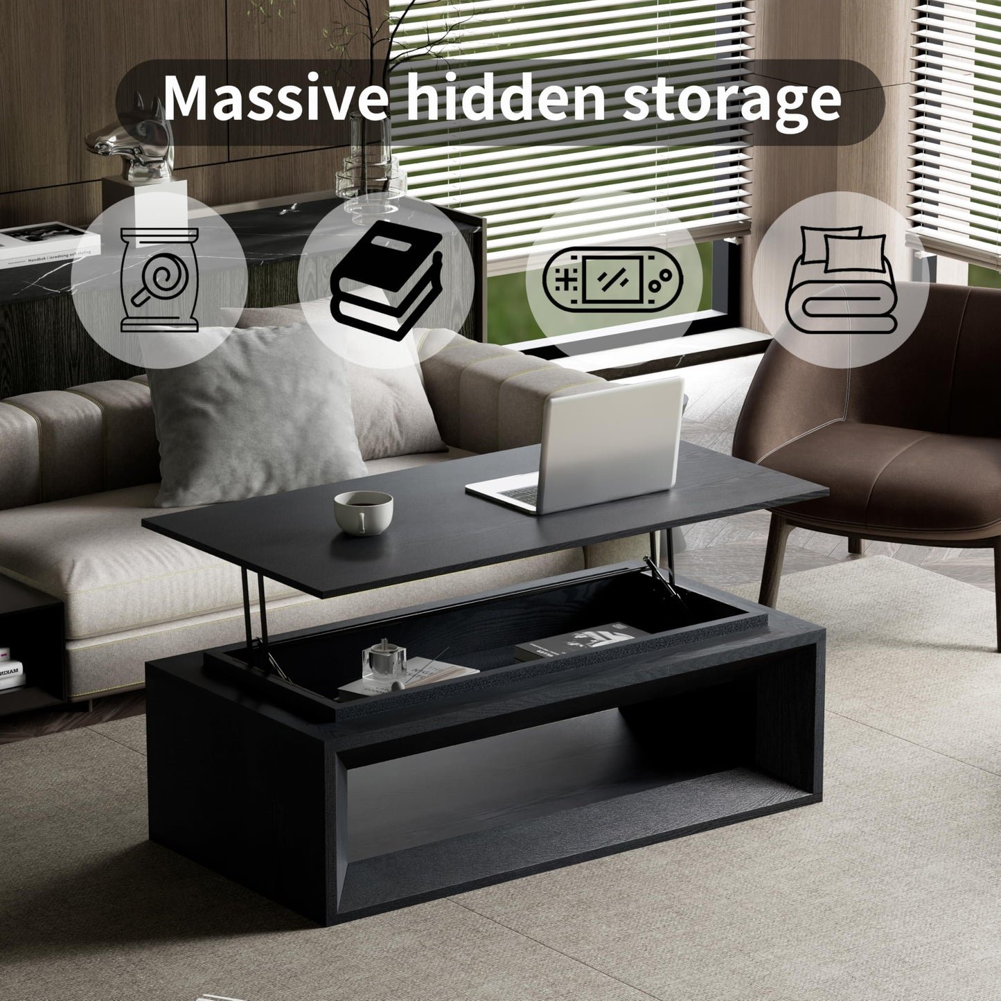 KEIKI Lift Top Coffee Table with Hydraulic Storage & Convertible Desk - Black