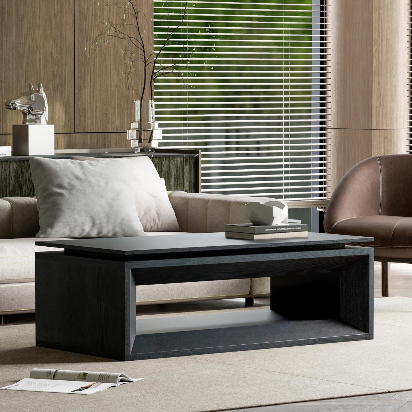 KEIKI Lift Top Coffee Table with Hydraulic Storage & Convertible Desk - Black