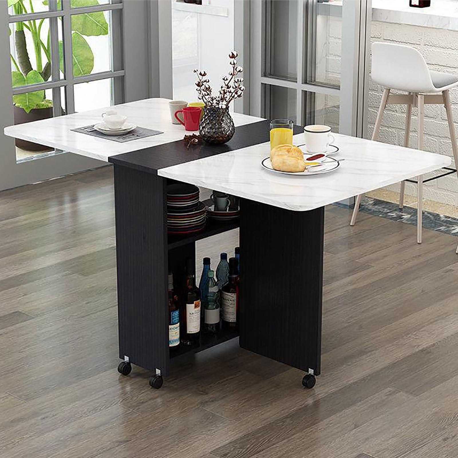 Cact Folding Dining Table with Storage Shelves & Rolling Wheels for Small Spaces
