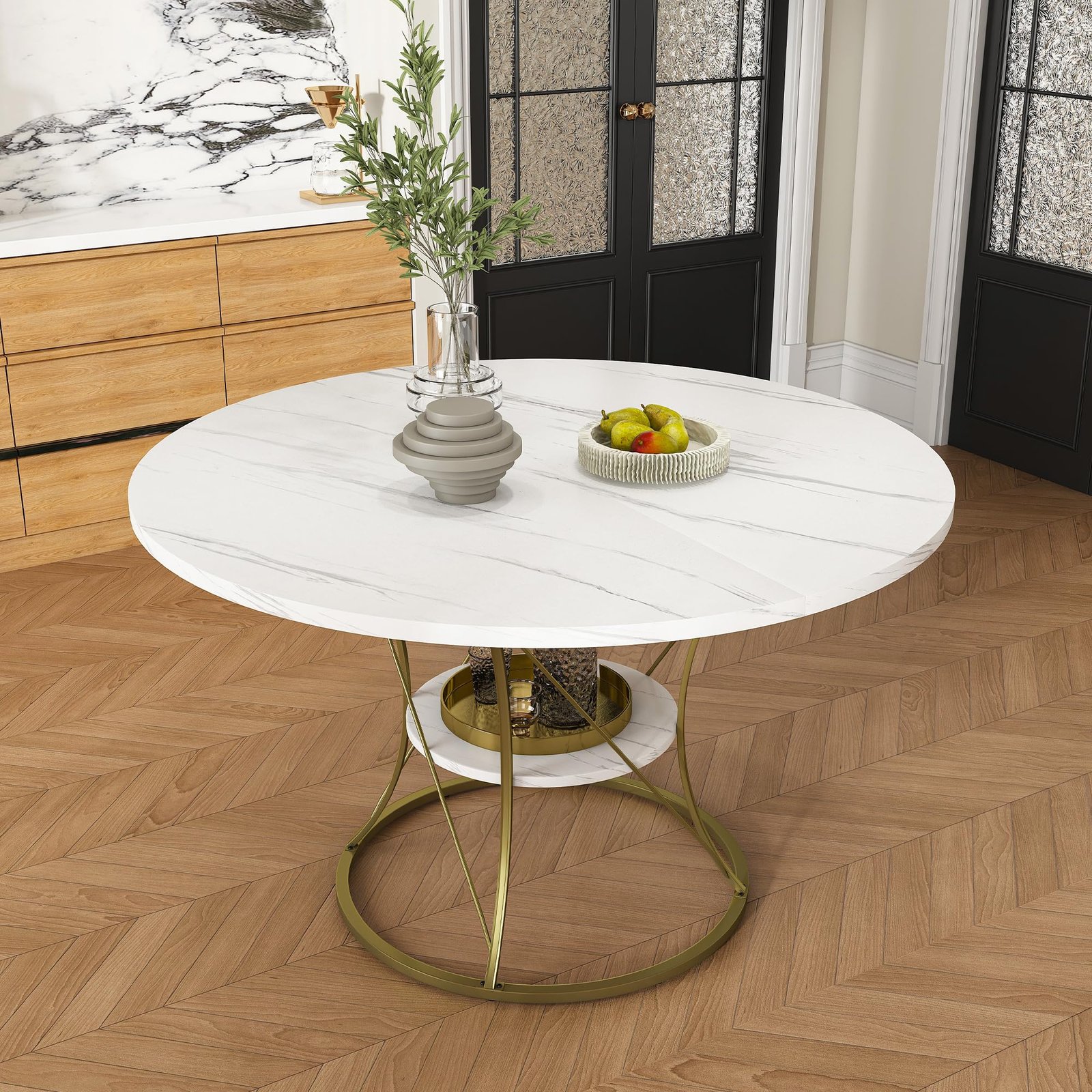 GDFStudio Extendable Round Dining Table for 4-6 with Storage Shelf & Gold Metal 